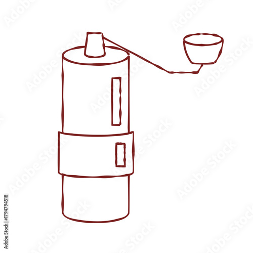 Minimal coffee mill sketch, vector hand-drawn, manual grinder doodle art, home barista kitchen equipment illustration, coffee tool.