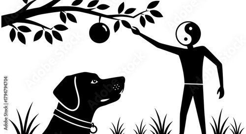 Black and white yin yang man reaching for apple with dog below