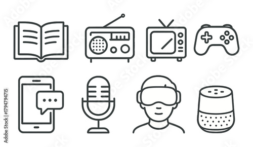 Retro and modern media icons: radio, tv, game controller, smartphone, microphone, vr, smart speaker