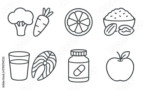 Healthy choices: fruits, vegetables, water, fish, vitamins, apple