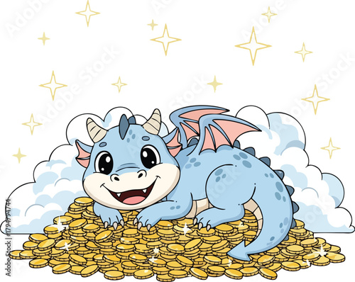 Cute Baby Dragon on a Pile of Gold Coins.