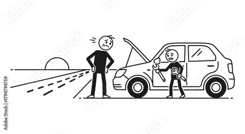 Car trouble roadside assistance mechanic and driver illustration
