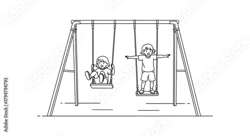 Children playing on swings vector illustration line art