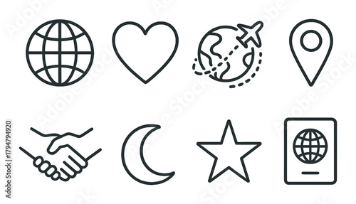 Travel and global icons: globe, heart, airplane, location, handshake, moon, star, passport