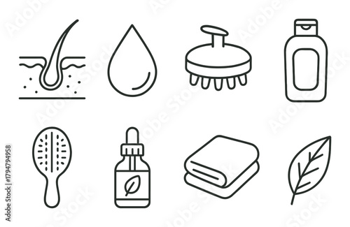Hair and skincare icons: brush, oil, towel, leaf, bottle, drop, scalp care