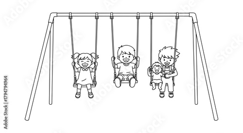 Children playing on swings coloring page vector illustration