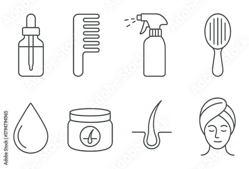 Set of minimalistic hair care icons: oil, comb, spray, mirror, and more