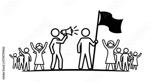 Protest march with megaphone and flag vector illustration