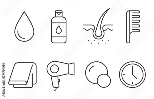 Outline icons of hair care products and tools on gradient background