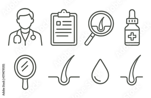 Hair and scalp health icons with clipboard, doctor, and treatment elements