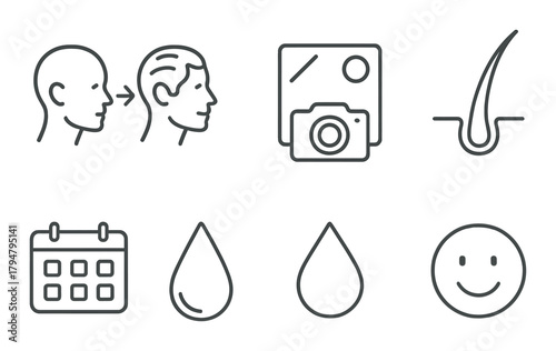 Hair transplant process icons with smiley face and calendar