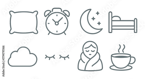 Sleep icons: pillow, alarm clock, moon, bed, cloud, sleeping eyes, cozy blanket, coffee cup