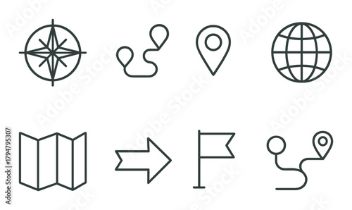 Navigation and travel icons set with compass, map, globe, and location markers