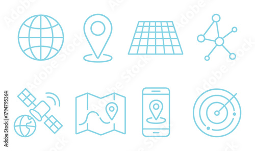 Glowing blue icons of global positioning and navigation technology on dark background