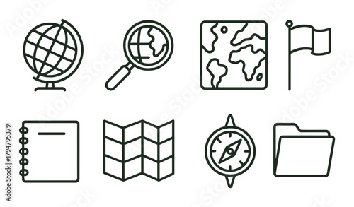 Set of outline travel icons on green background