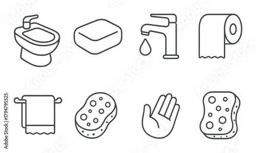 Bathroom icon set featuring toilet, soap, faucet, and cleaning supplies