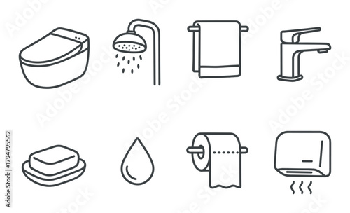 Minimalist bathroom icons: shower, towel, faucet, soap, water, toilet paper, dryer