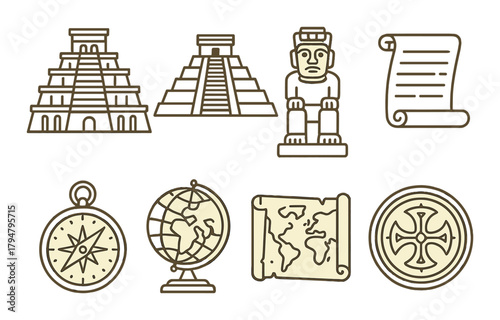 Ancient symbols and artifacts: pyramids, statue, scroll, compass, globe, map, emblem