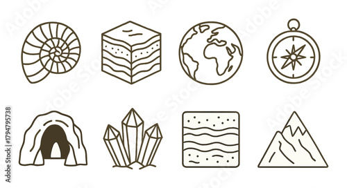 Geology icons set featuring fossil, layers, earth, compass, cave, crystals, waves, mountains