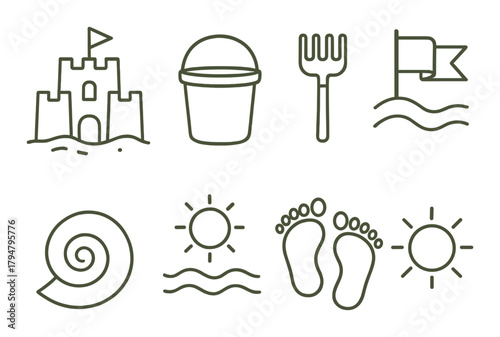 Beach icon set: sandcastle, bucket, sun, waves, flag, seashell, footprints, rake