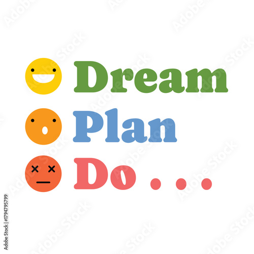 Dream plan do illustration, modern vector concept, emotion icons, productivity graphic, step-by-step creative motivational message.