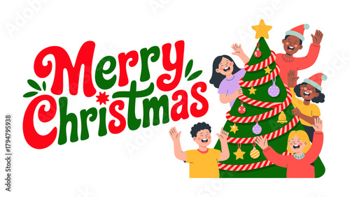 Joyful Christmas: A colorful Christmas illustration shows a Christmas tree with people celebrates the holidays. The image spreads warmth and delight to evoke the spirit of the season.