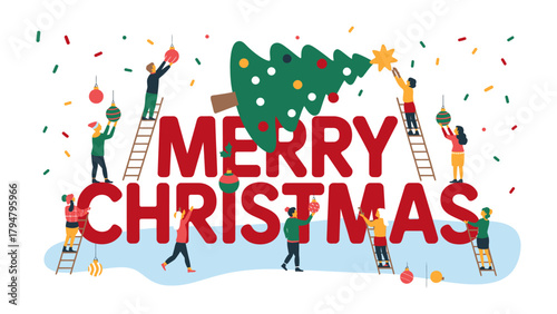 Festive cheer: A charming illustration capturing the spirit of Christmas, with people working together to decorate a large MERRY CHRISTMAS display, creating a sense of joy and shared celebration. 