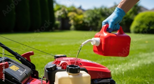 Lawn mower fuel filling with red gas canister on green grass. Maintaining lawn mower with proper fuel from canister on sunny day. Concept lawn care and gardening for homeowners or professionals.