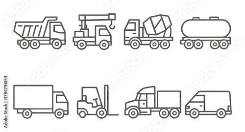 Minimalistic line art of construction and delivery vehicles on metallic background