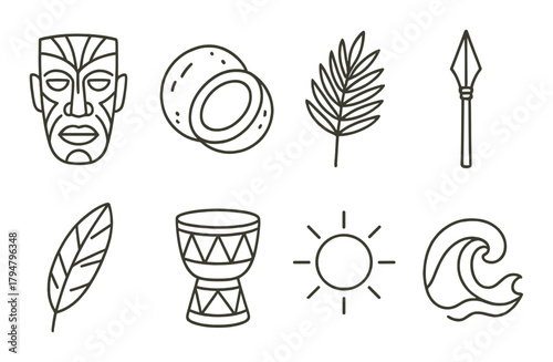Tribal symbols: mask, coconut, palm, spear, feather, drum, sun, wave