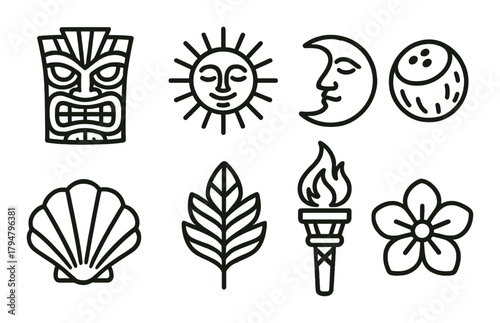 Tribal art symbols featuring sun, moon, polynesian mask, coconut, shell, leaf, torch, flower