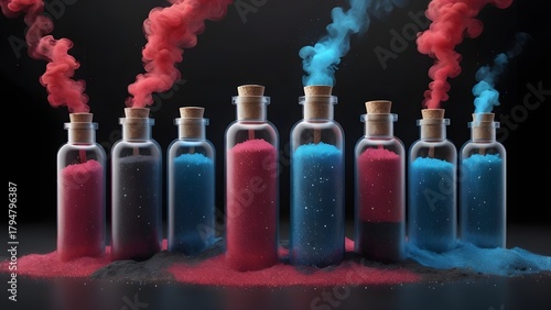 Dynamic Red and Blue Smoke Billowing from Glass Bottles Filled with Sparkling Granules on a Dramatic Dark Background