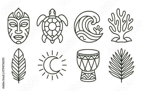 Tribal symbols: turtle, wave, coral, mask, drum, palm, moon, leaf