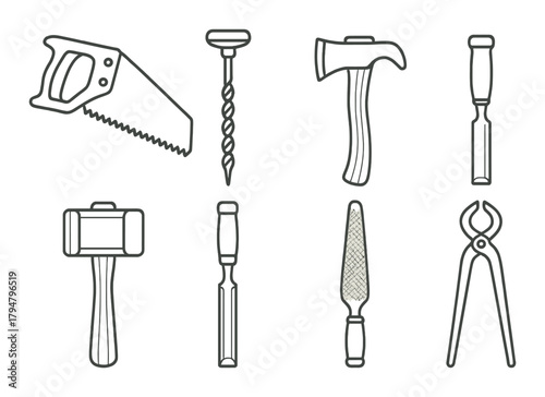 Illustrated set of vintage hand tools on brown background