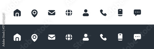 Contact Icons Set: Home, Phone, Mobile, Email, Address, Location, Website, Fax, Globe, – Vector Collection. Contact Us Linear Vector icons.