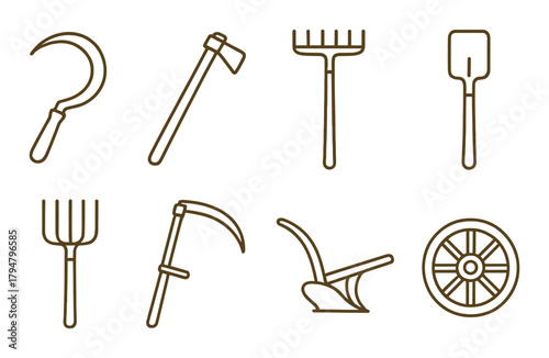 Silhouette set of traditional farming tools on orange background