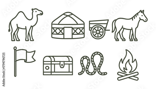 Outline of nomadic life: camel, yurt, cart, horse, flag, chest, rope, campfire