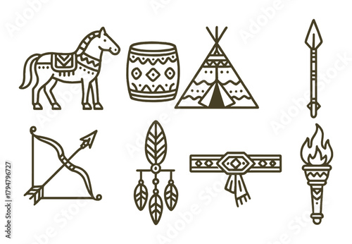 Native american cultural icons: horse, teepee, bow, arrow, torch, drum, feather
