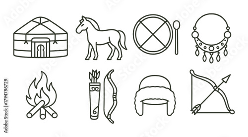Traditional nomadic symbols: yurt, horse, archery, headwear, jewelry, fire