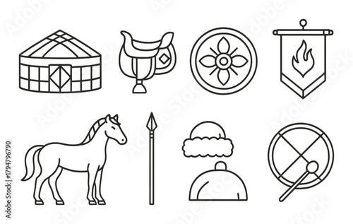 Nomadic symbols: yurt, saddle, shield, horse, spear, banner, hat, drum