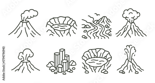Volcanic activity icons: eruptions, craters, lava flows, and geological features