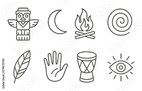 Native symbol set featuring totem, moon, fire, spiral, feather, hand, drum, eye