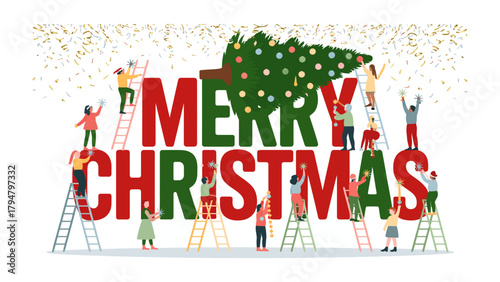 Festive assembly: A group of individuals adorn the holiday season, gathering around a towering MERRY CHRISTMAS display, illuminated with joy and festive spirit.