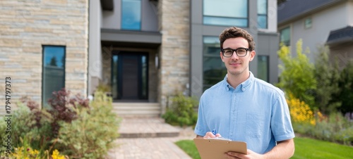 The Realtor Standing in Front of Modern Home Holding Clipboard and Smiling