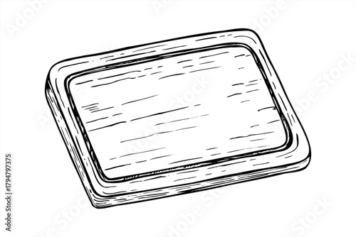 Rectangle wooden chopping board with smooth edges vector isolated illustration painted by black inks. Empty tray for cutting or serving food. Tableware for eco friendly kitchens and food blogs