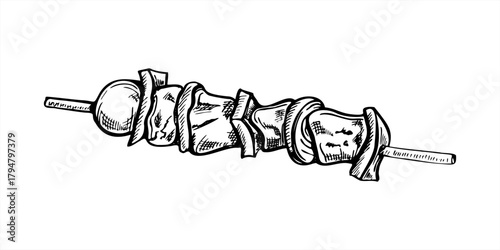 Monochrome vector meat with vegetables on wooden stick line art black ink sketch. Etching drawing of grilled kebab or vegan tofu on skewer for BBQ menus, street food poster, summer party design