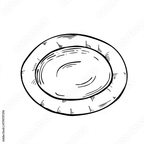 Vector disposable round white paper plate isolated illustration painted by black inks. Blank circle food tray line art sketch. Takeaway empty cardboard for menu design, cooking recipes, cafe decor