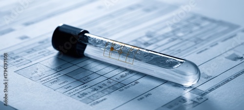 The Test Tube Resting on Medical Forms with Clinical Laboratory Results