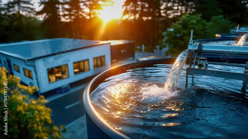 Aerial view of a wastewater treatment plant by the sea at sunset, showing circular purification tanks and warm lighting