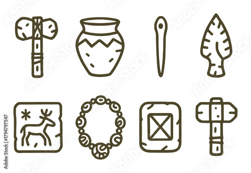 Ancient artifacts: axe, pottery, needle, spearhead, petroglyph, necklace, tablet, totem